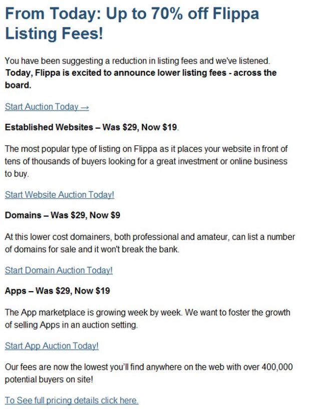 Flippa Email About Listing Fees