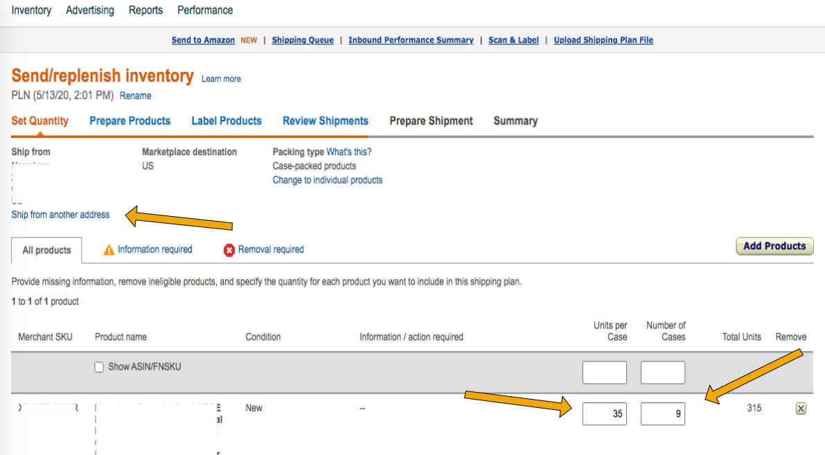 Amazon seller central inventory management page