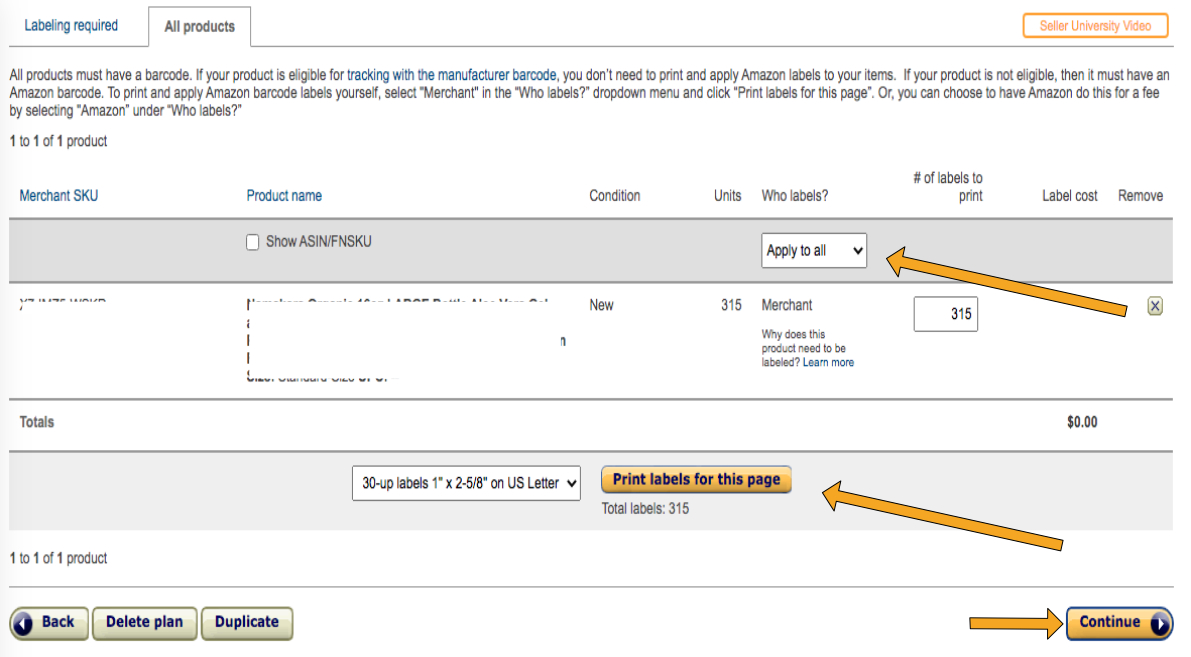 Amazon FBA who labels page